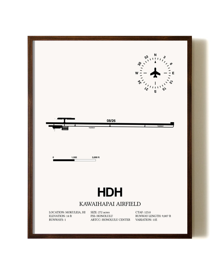 Kawaihapai Airfield aviation print in walnut frame