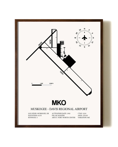 Muskogee-Davis Regional Airport aviation print in walnut frame