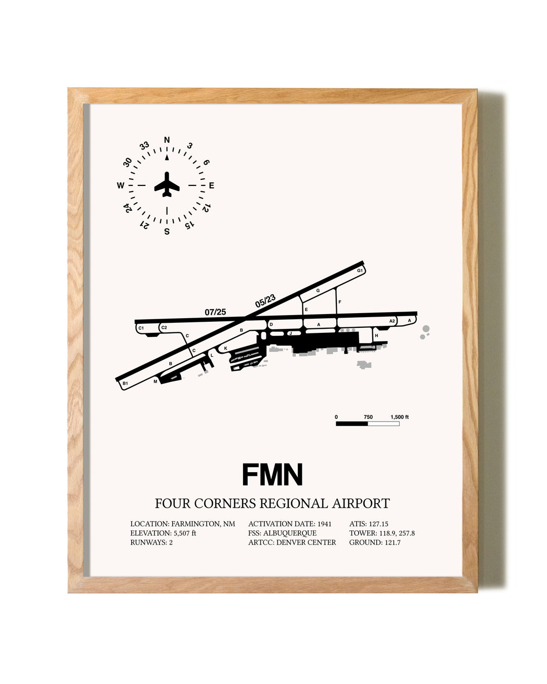 Four Corners Regional Airport framed print in natural wood frame