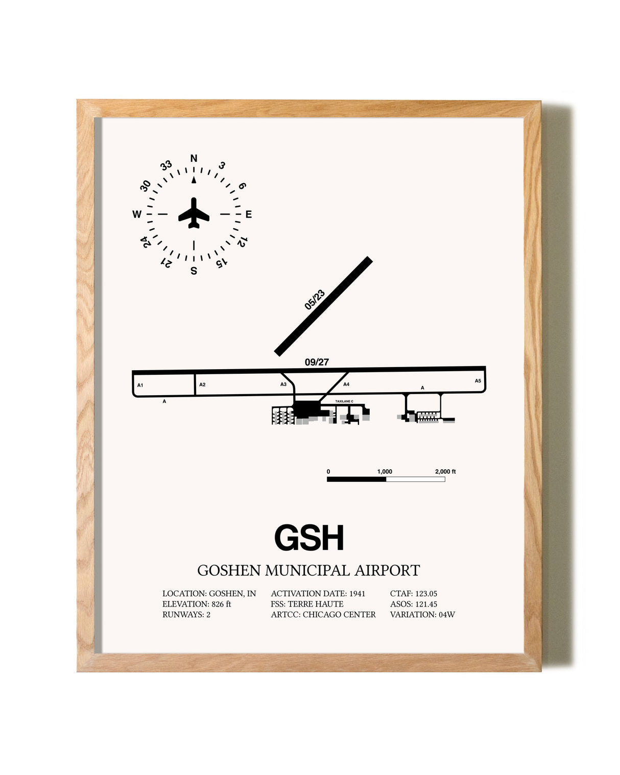Goshen Municipal Airport framed print in natural wood frame