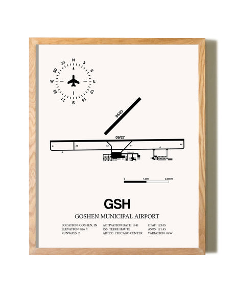 Goshen Municipal Airport framed print in natural wood frame