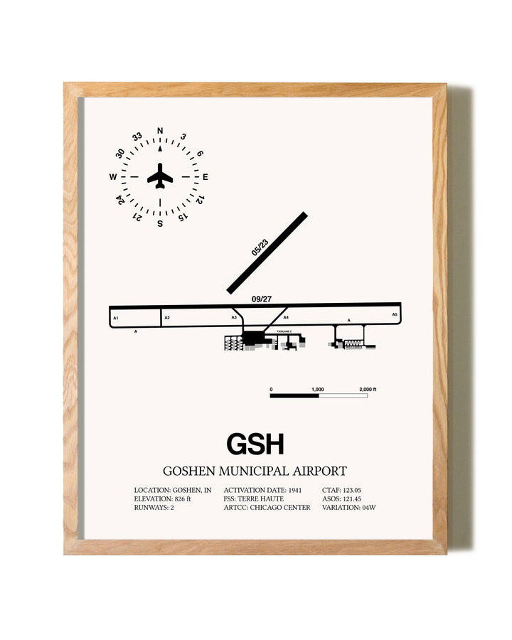 Goshen Municipal Airport framed print in natural wood frame