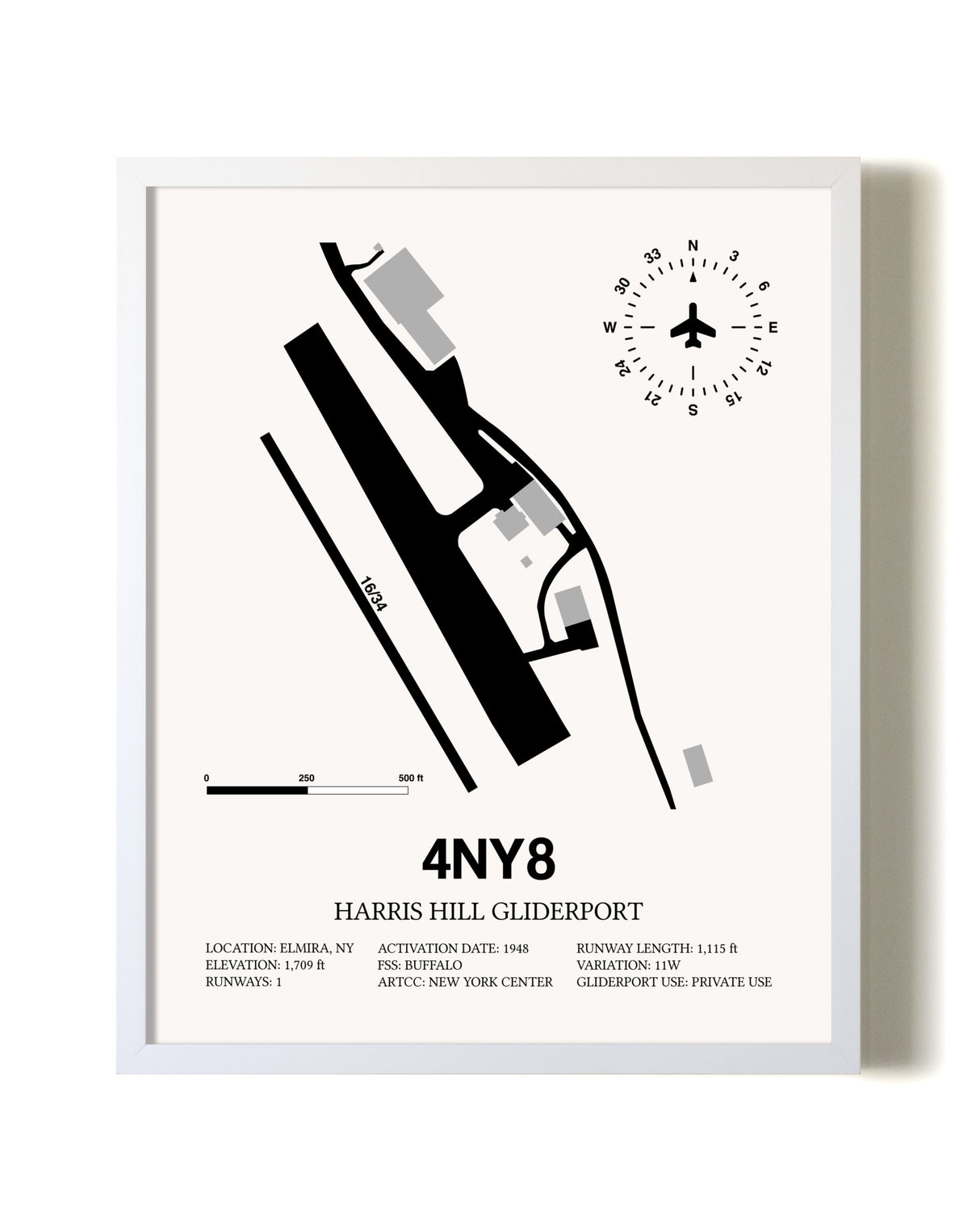 Harris Hill Gliderport airport map poster in oak frame