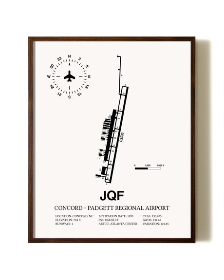 Concord-Padgett Regional Airport aviation print in walnut frame