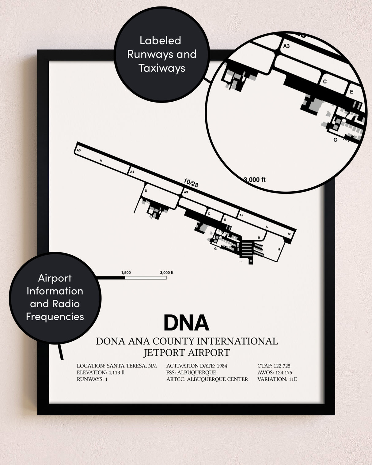 Framed Dona Ana County International Jetport Airport layout wall art poster