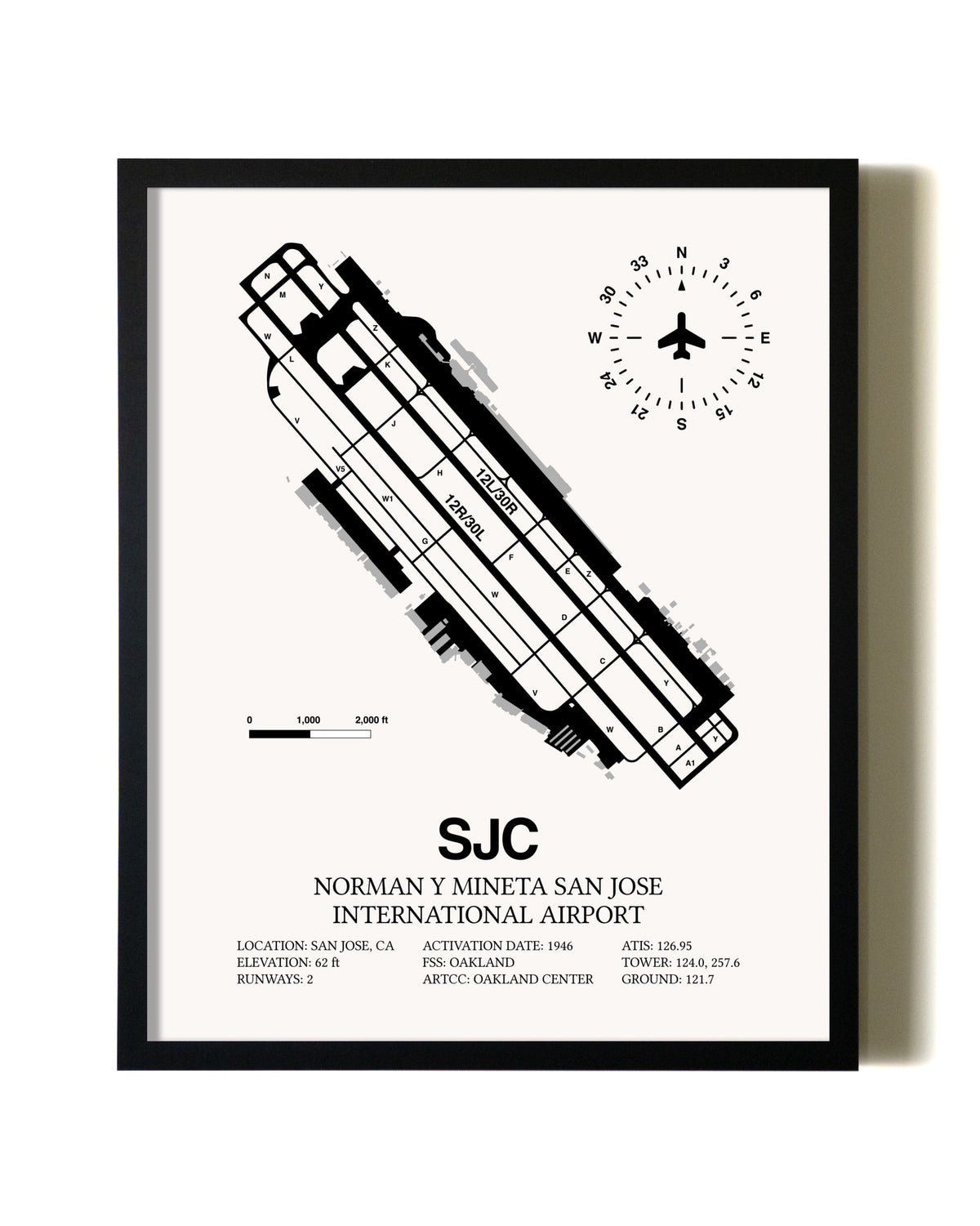 Framed San Jose Mineta International Airport wall art poster in black frame