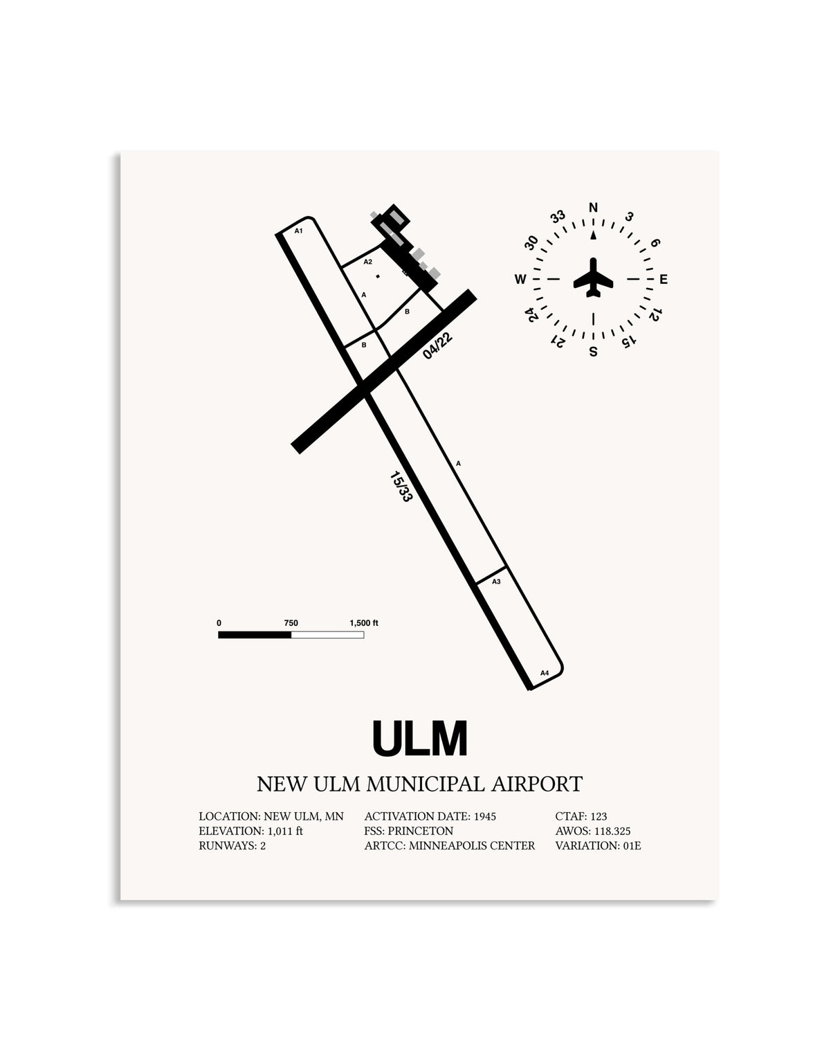 Gray New Ulm Municipal Airport framed poster displayed in an airplane hangar