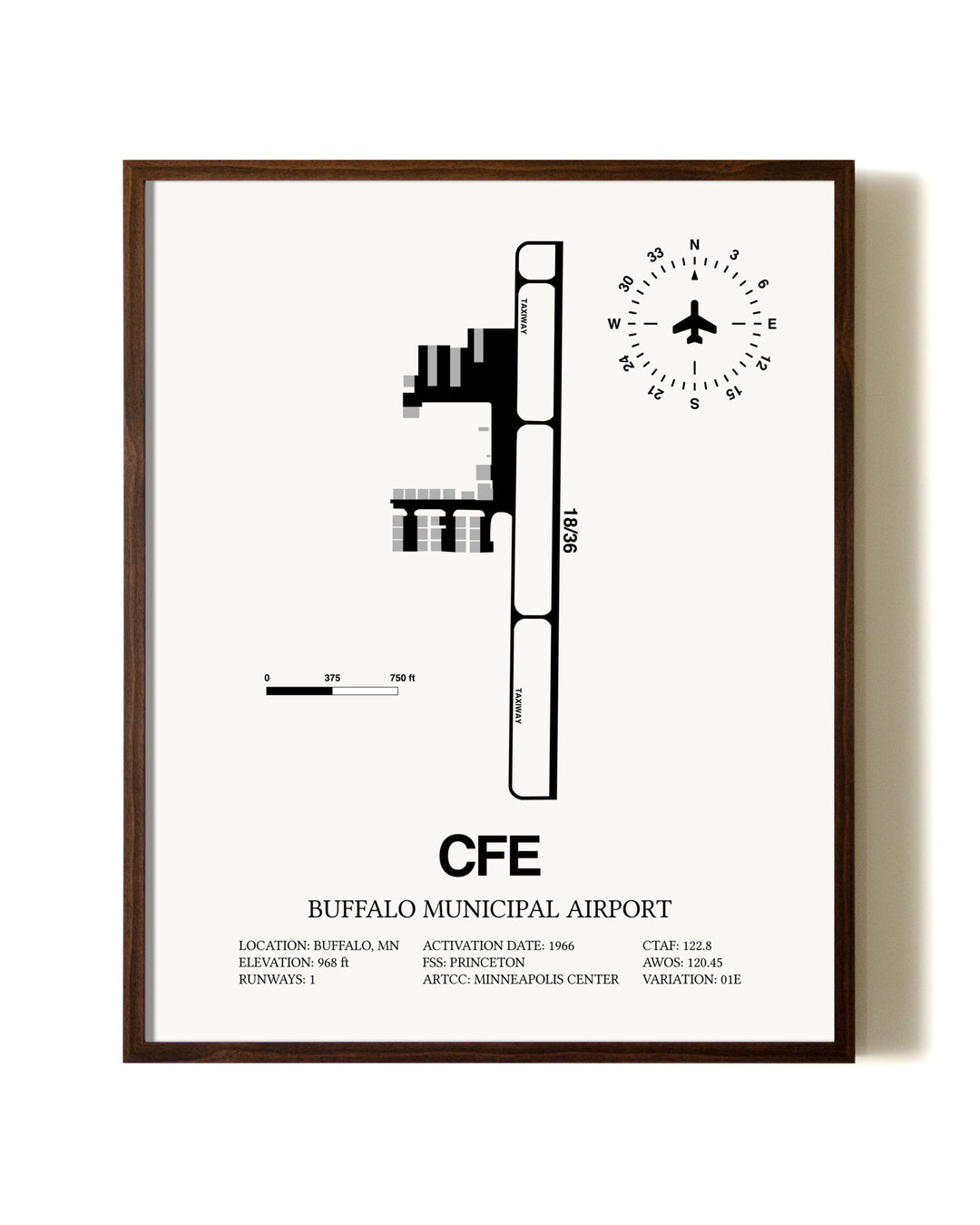 Buffalo Municipal Airport aviation print in walnut frame