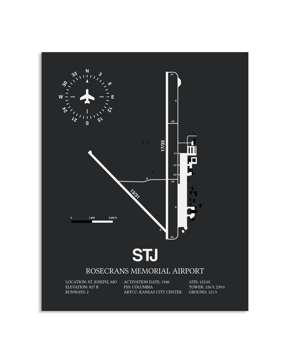 Gray Framed Rosecrans Memorial Airport layout wall art poster