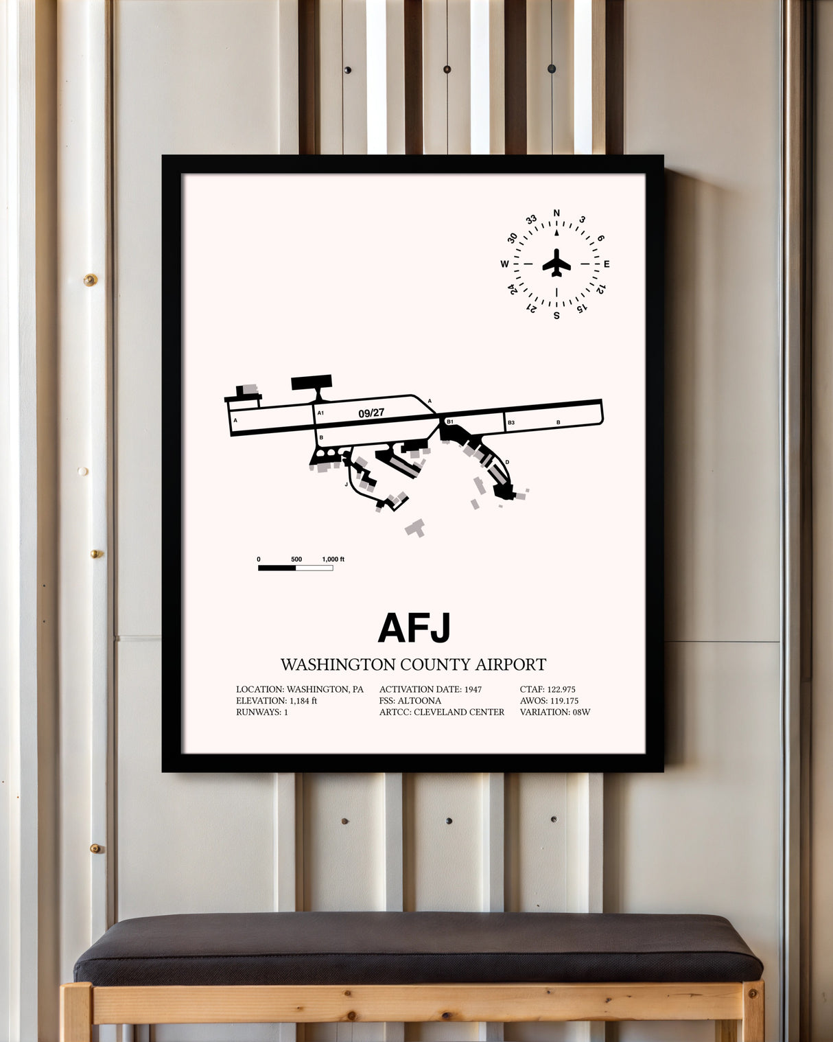 Washington County Airport framed poster displayed in an airplane hangar