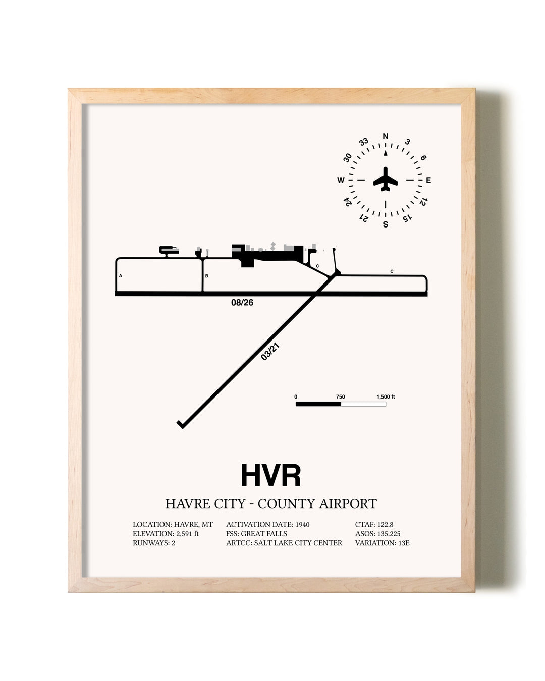 Havre City-County Airport framed wall art in white frame