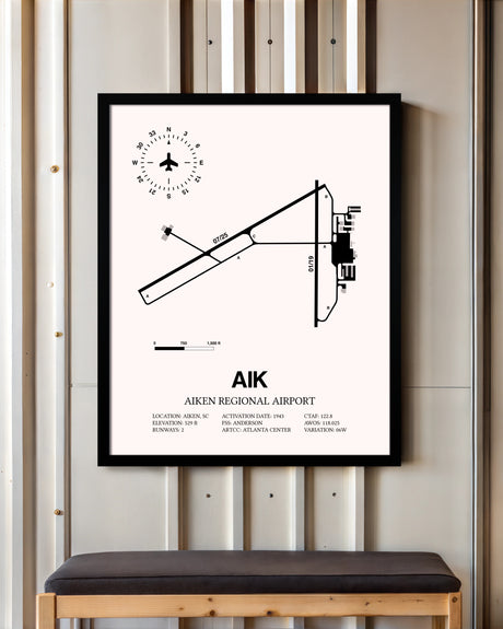 Aiken Regional Airport framed poster displayed in an airplane hangar