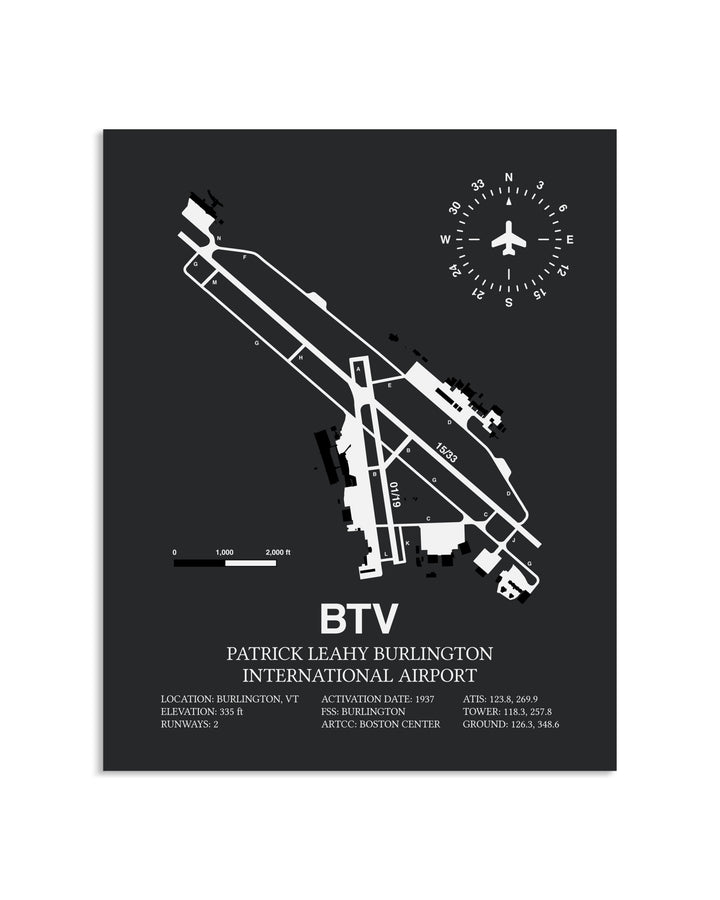 Gray Framed Patrick Leahy Burlington International Airport layout wall art poster