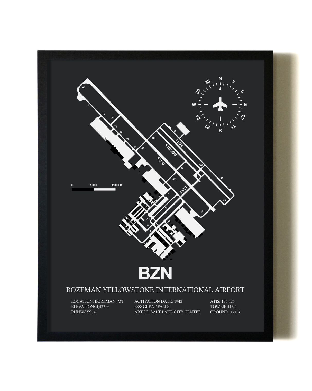 Unframed Bozeman Yellowstone International Airport map print poster