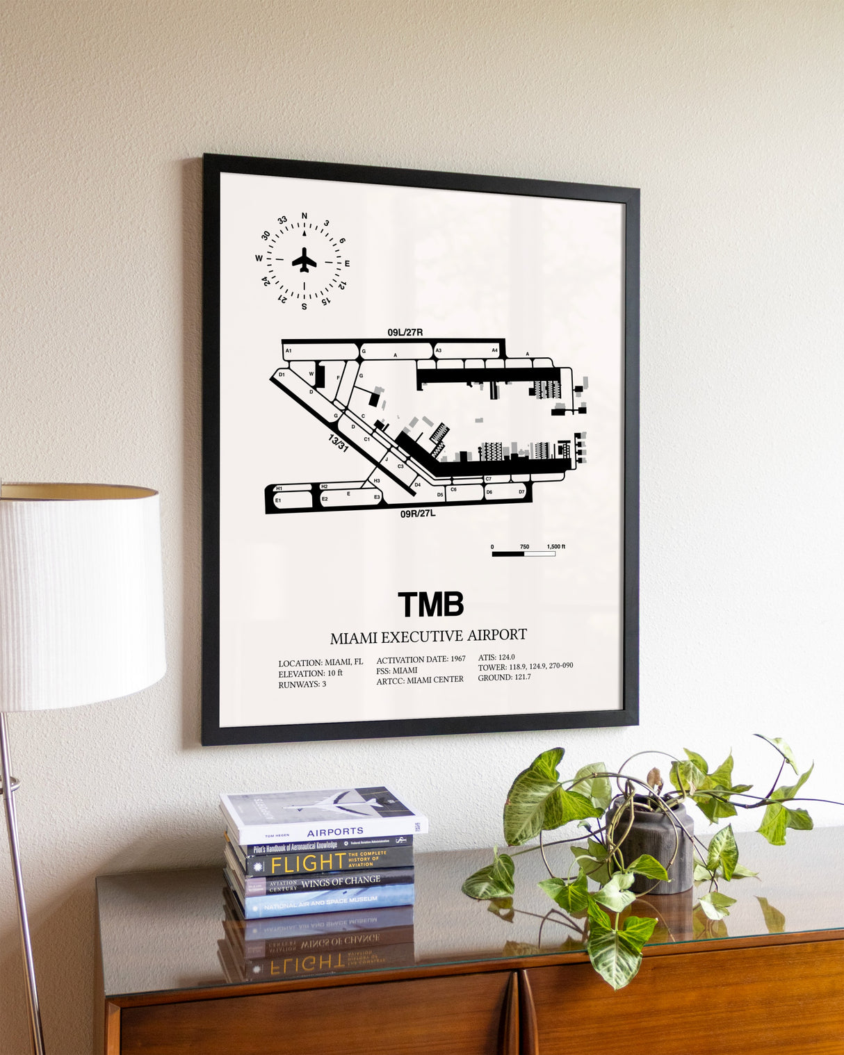 Miami Executive Airport aviation wall décor in black wood frame