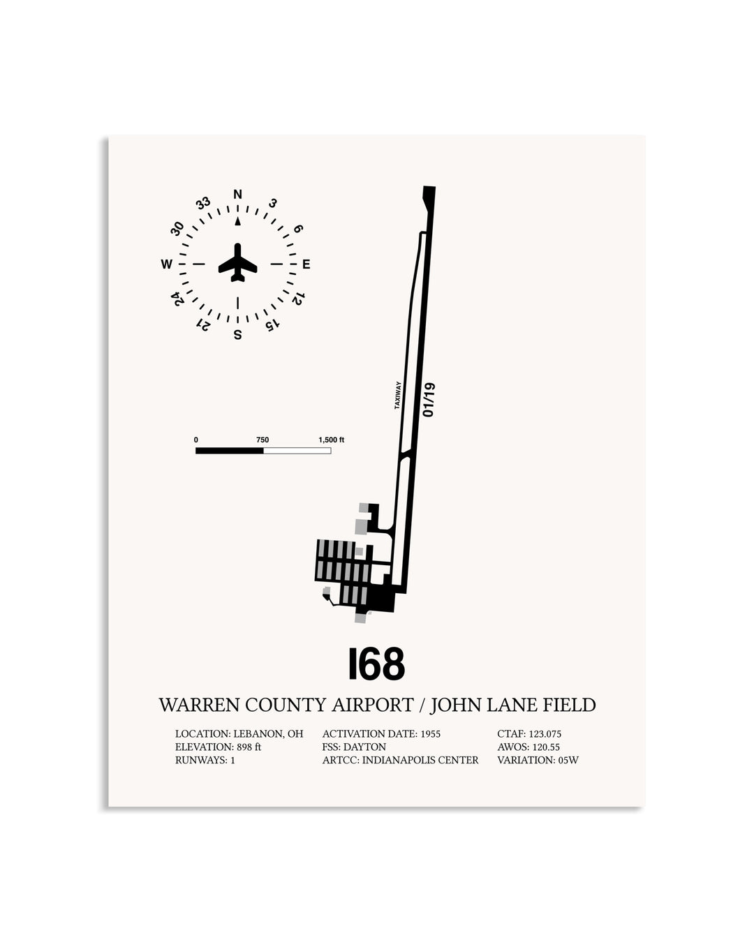 Gray Warren County Airport / John Lane Field framed poster displayed in an airplane hangar