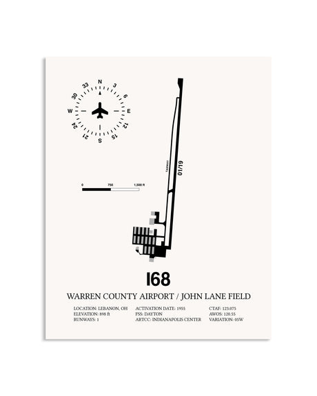 Gray Warren County Airport / John Lane Field framed poster displayed in an airplane hangar