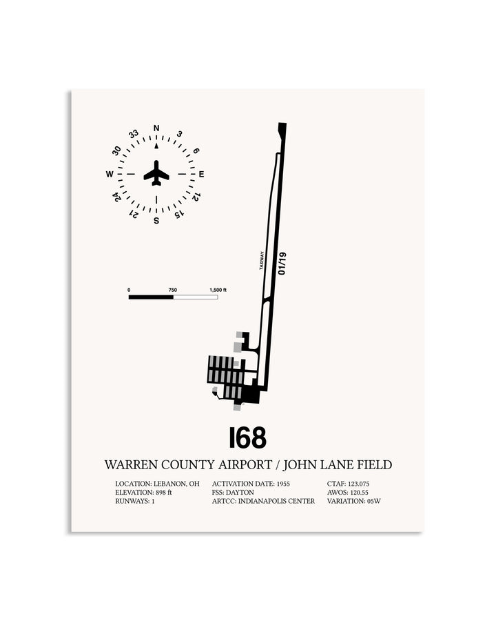 Gray Warren County Airport / John Lane Field framed poster displayed in an airplane hangar