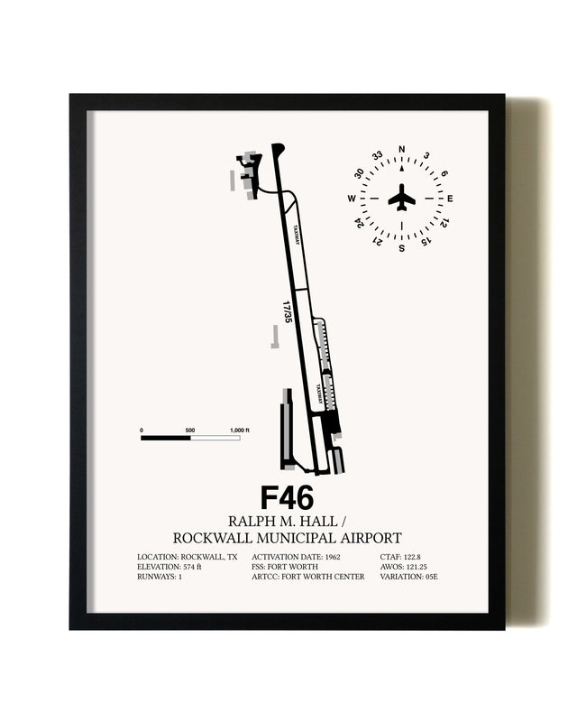 Framed Ralph M. Hall / Rockwall Municipal Airport wall art poster in black frame
