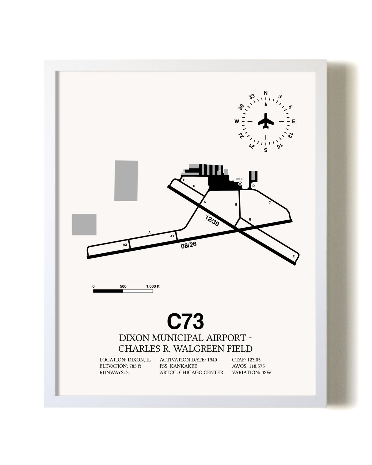 Dixon Municipal Airport-Charles R. Walgreen Field airport map poster in oak frame