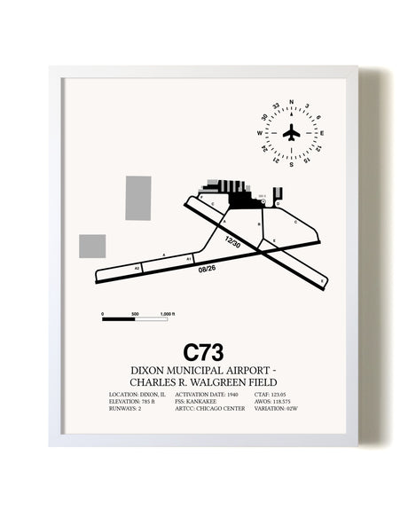Dixon Municipal Airport-Charles R. Walgreen Field airport map poster in oak frame