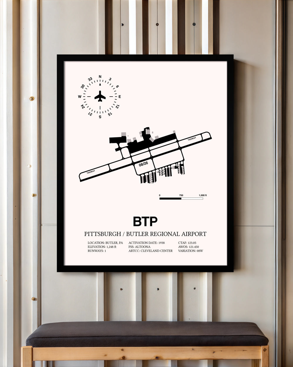 Pittsburgh / Butler Regional Airport framed poster displayed in an airplane hangar