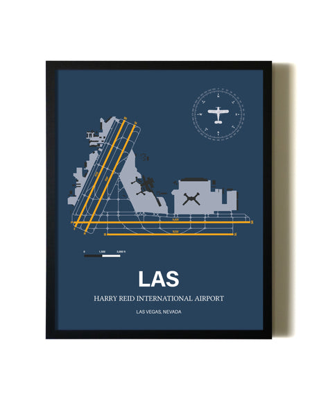 Blue and Yellow Framed Harry Reid International Airport wall art poster in black frame