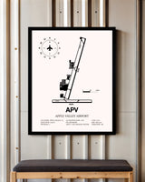 Apple Valley Airport framed poster displayed in an airplane hangar