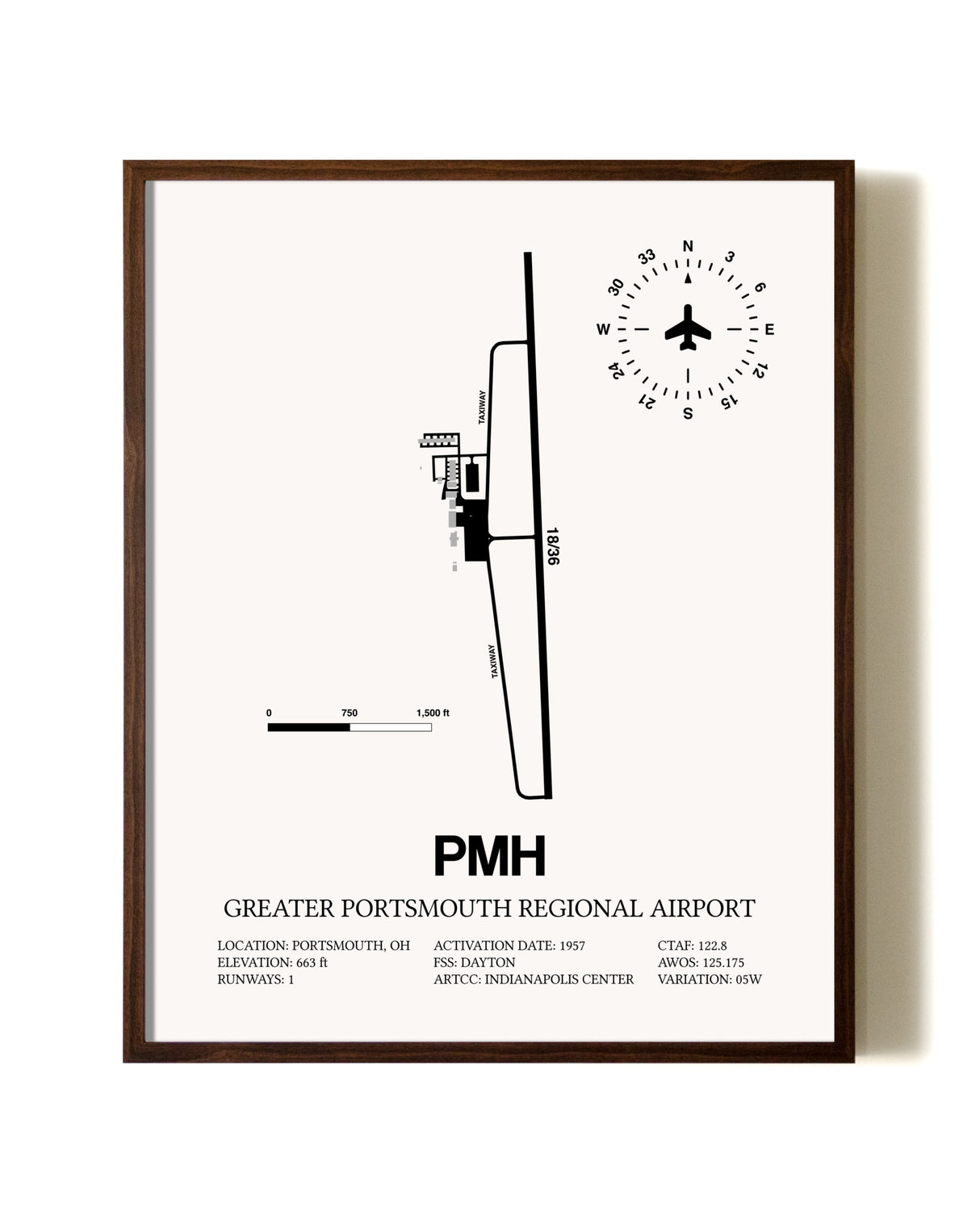 Greater Portsmouth Regional Airport aviation print in walnut frame