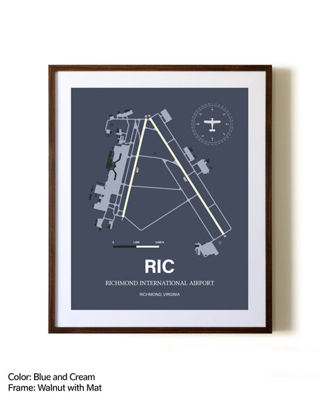 Richmond International Airport aviation print in walnut frame with mat