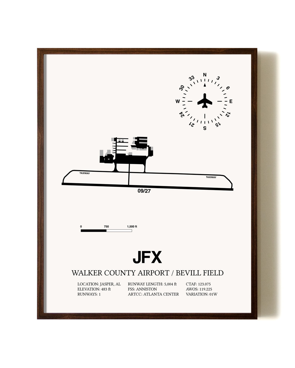 Walker County Airport / Bevill Field aviation print in walnut frame