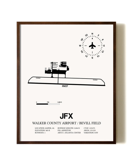 Walker County Airport / Bevill Field aviation print in walnut frame