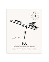 Gray Burlington Municipal Airport framed poster displayed in an airplane hangar