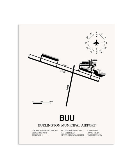 Gray Burlington Municipal Airport framed poster displayed in an airplane hangar