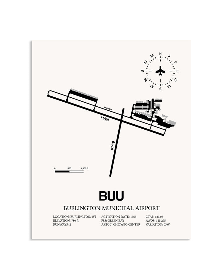 Gray Burlington Municipal Airport framed poster displayed in an airplane hangar