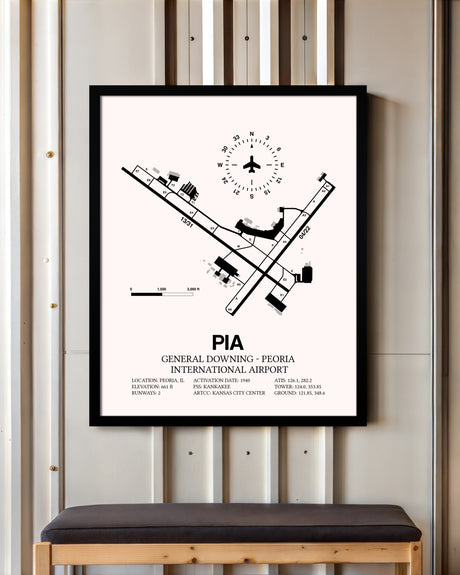 General Downing-Peoria International Airport framed poster displayed in an airplane hangar