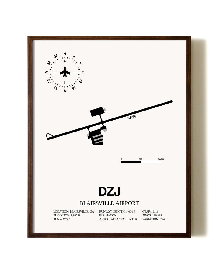 Blairsville Airport aviation print in walnut frame
