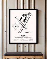 Easton Airport / Newnam Field framed poster displayed in an airplane hangar