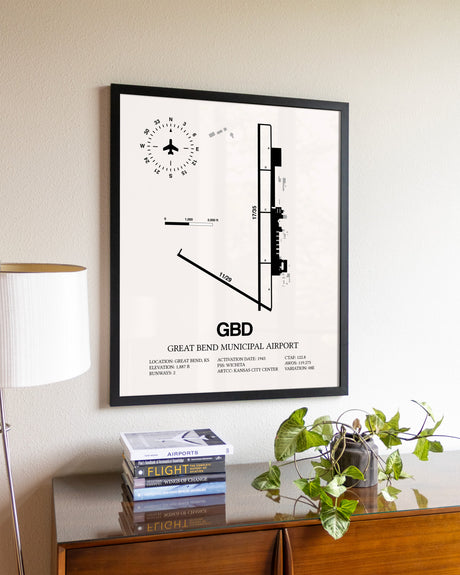 Great Bend Municipal Airport aviation wall décor in black wood frame