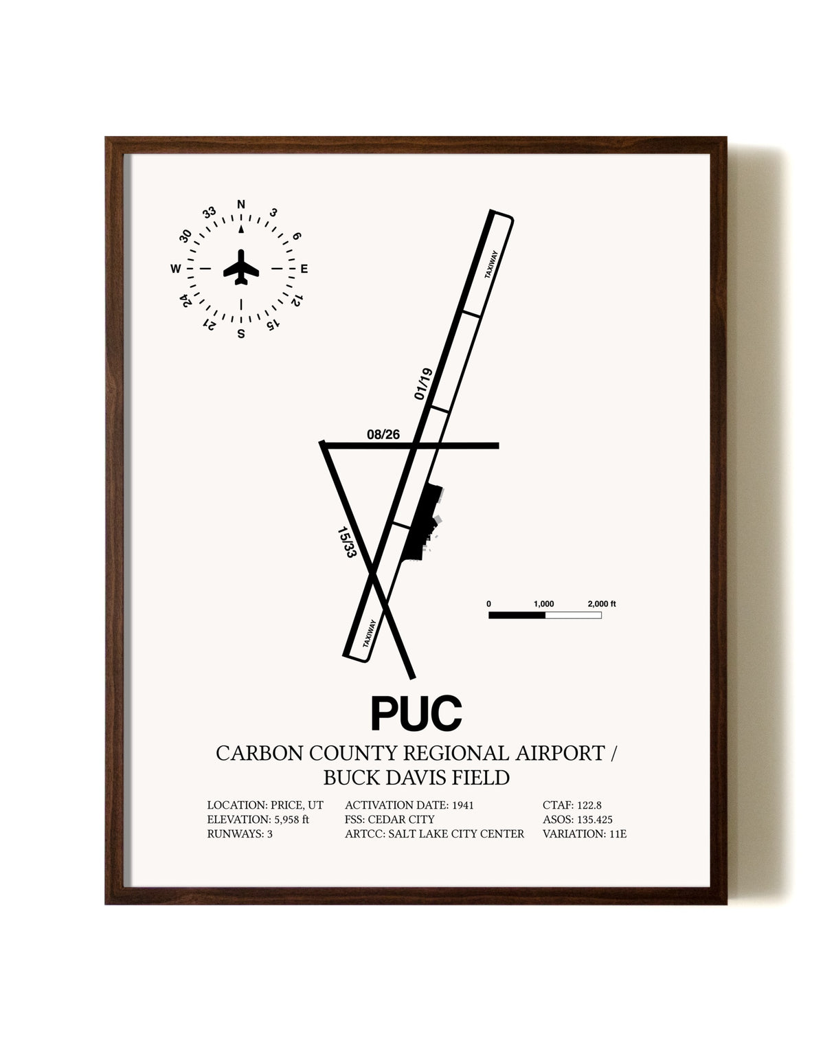 Carbon County Regional Airport / Buck Davis Field aviation print in walnut frame