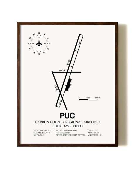 Carbon County Regional Airport / Buck Davis Field aviation print in walnut frame