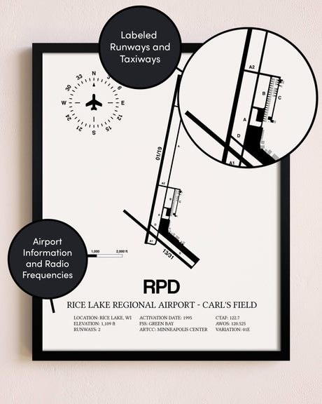 Framed Rice Lake Regional Airport-Carl's Field layout wall art poster