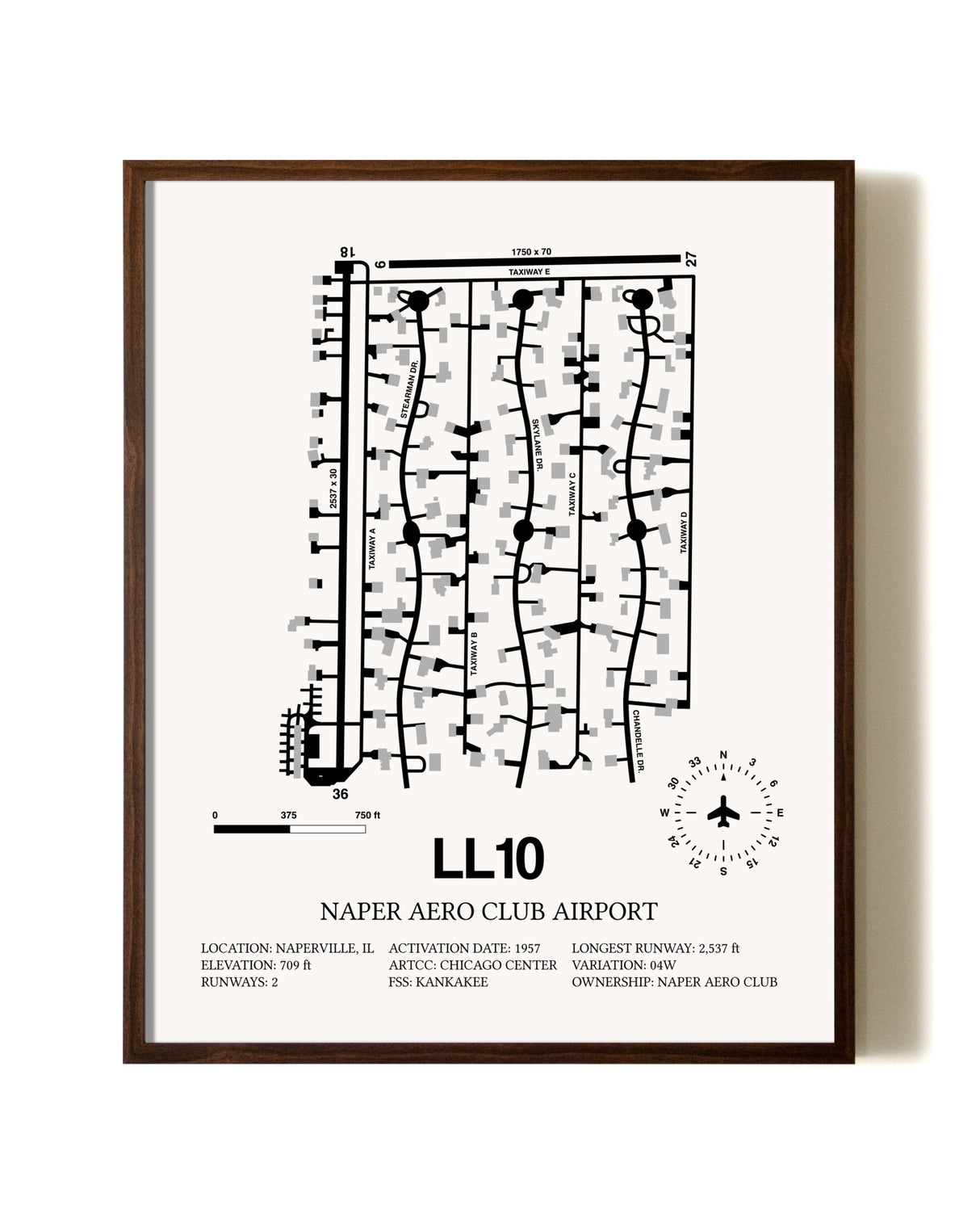 Naper Aero Club Airport aviation print in walnut frame