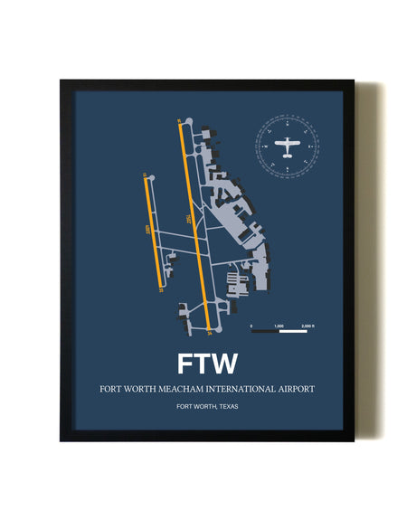 Blue and Yellow Framed Fort Worth Meacham International Airport wall art poster in black frame