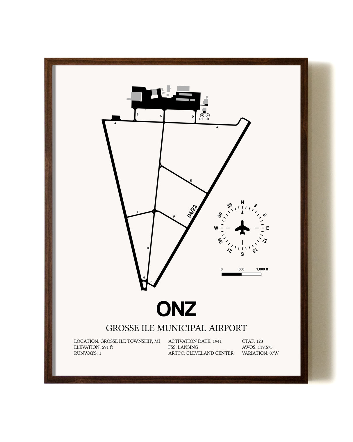 Grosse Ile Municipal Airport aviation print in walnut frame