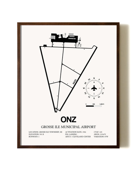 Grosse Ile Municipal Airport aviation print in walnut frame