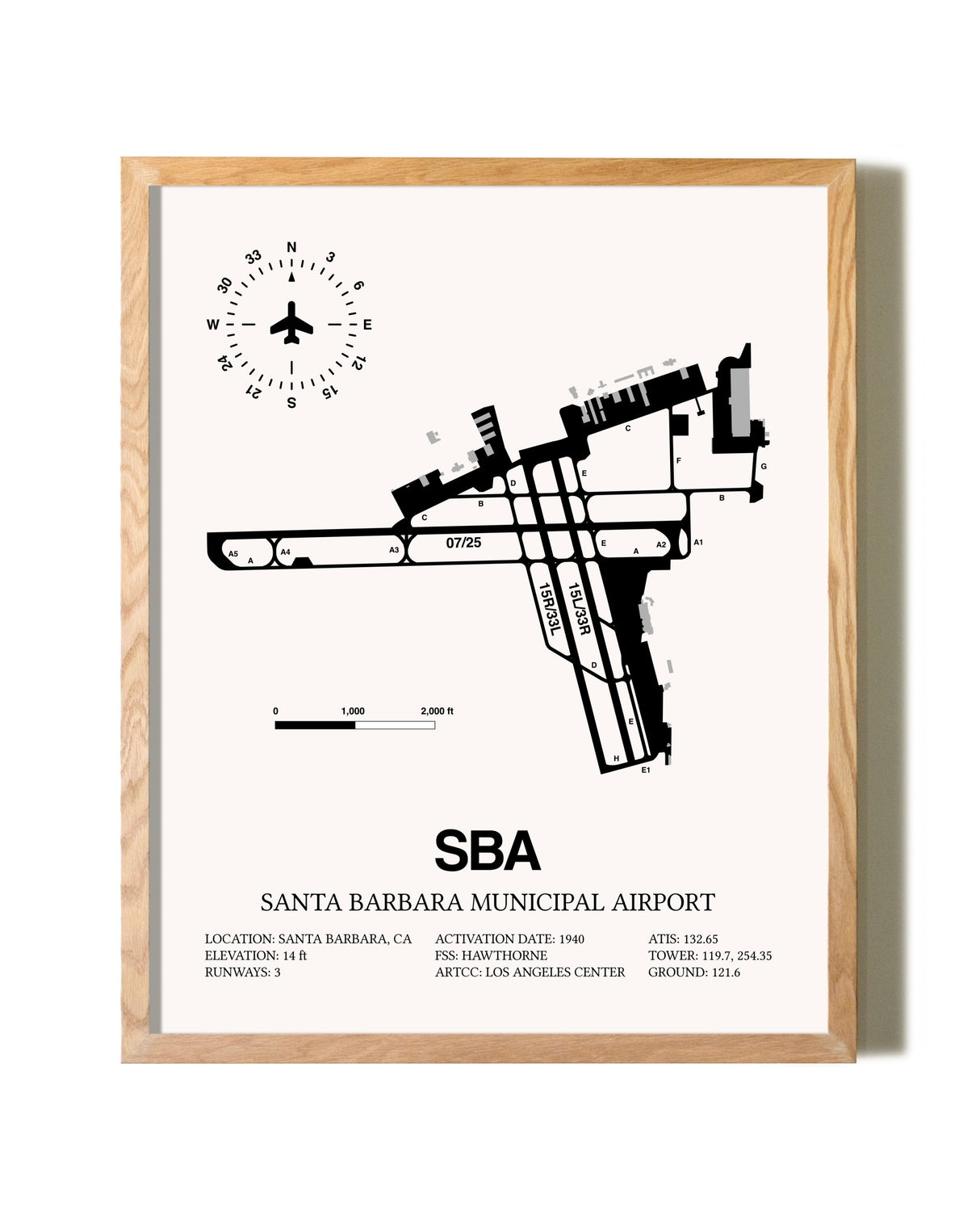 Santa Barbara Municipal Airport framed print in natural wood frame