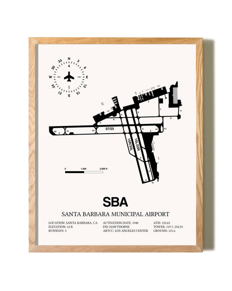 Santa Barbara Municipal Airport framed print in natural wood frame