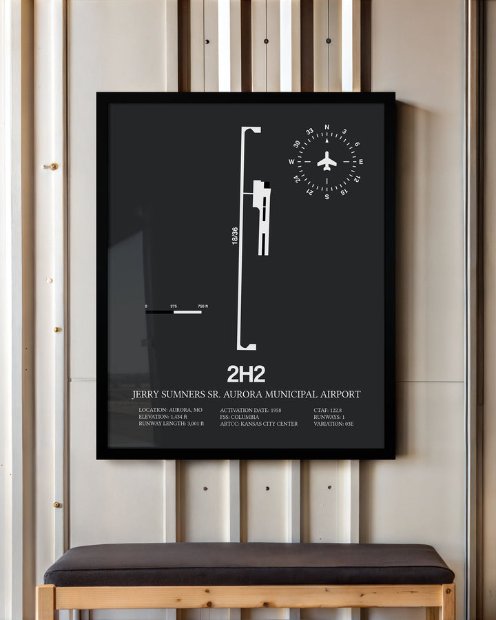 Framed Detailed Airport Map of Jerry Sumners Sr. Aurora Municipal Airport (2H2) in Gray with a Black Frame