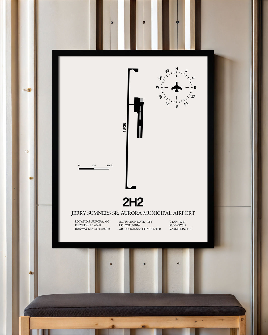 Framed Detailed Airport Map of Jerry Sumners Sr. Aurora Municipal Airport (2H2) in White with a Black Frame